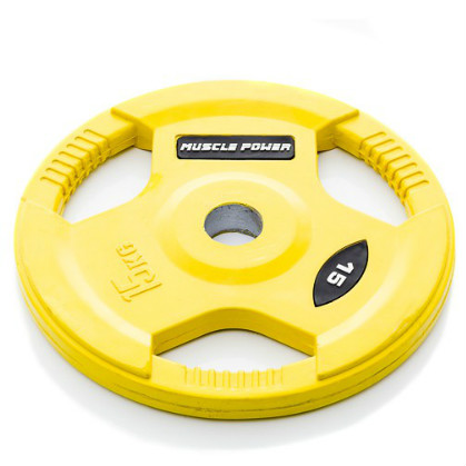 Muscle Power Olympische halterschijf 15 kg, met handgrepen rubber overtrokken Ø 50 mm geel MP800